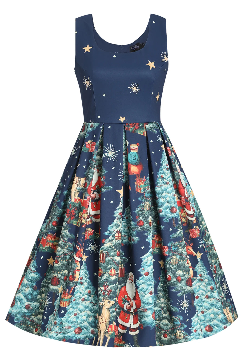Amanda Dark Desaturated Blue Christmas Santa Print Dress