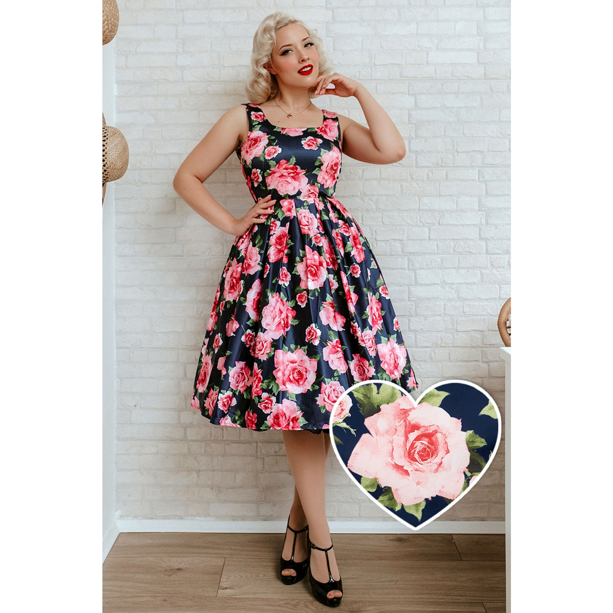 DOLLY AND DOTTY Amanda 50s Inspired Blue & Pink Rose Swing Dress