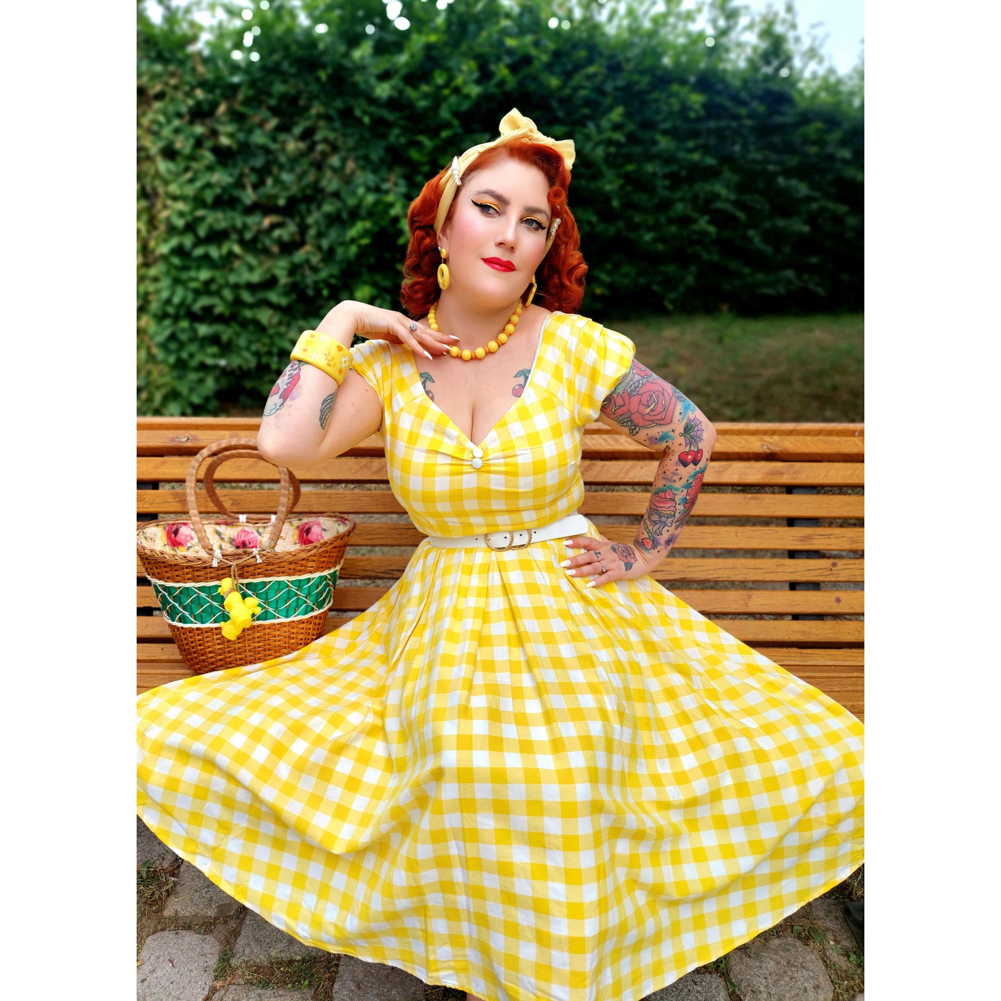 DOLLY AND DOTTY Lily Off Shoulder Yellow Gingham Swing Dress