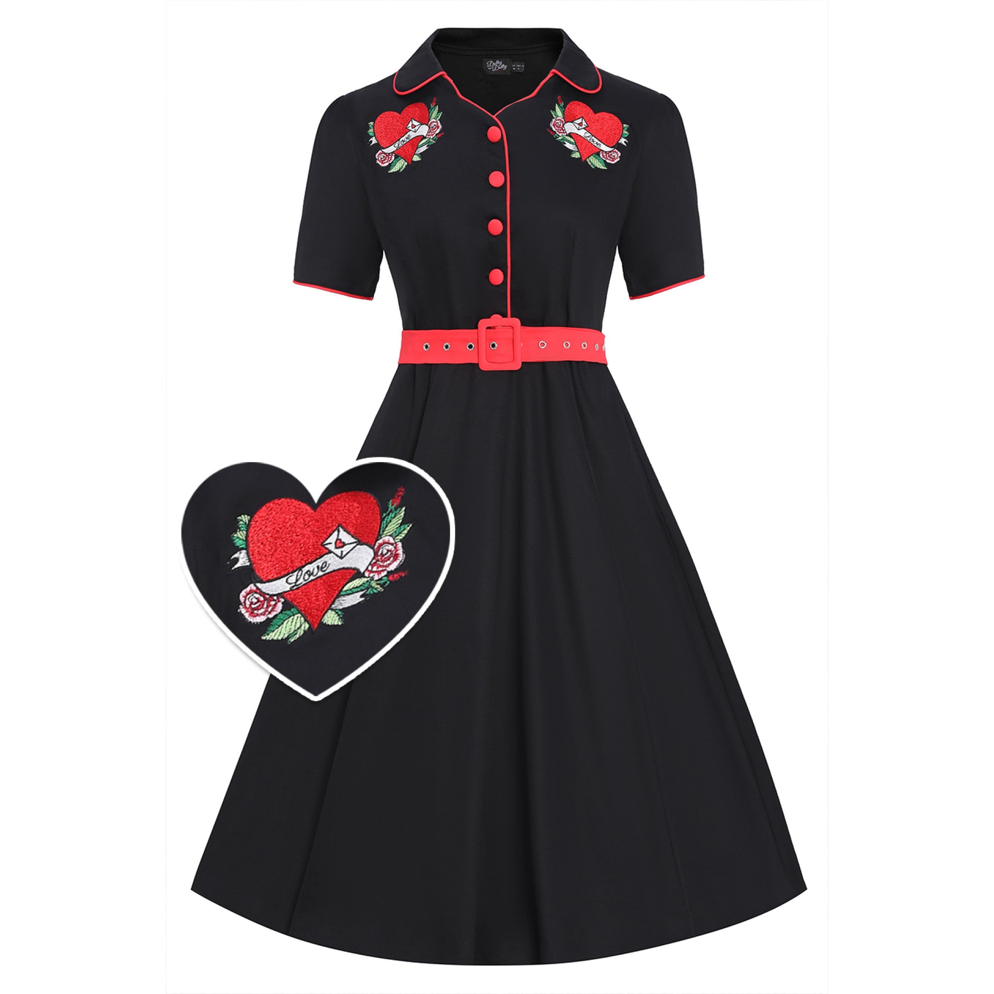 DOLLY And DOTTY Sherry Rockabilly Embroidered Dress In Black Heart