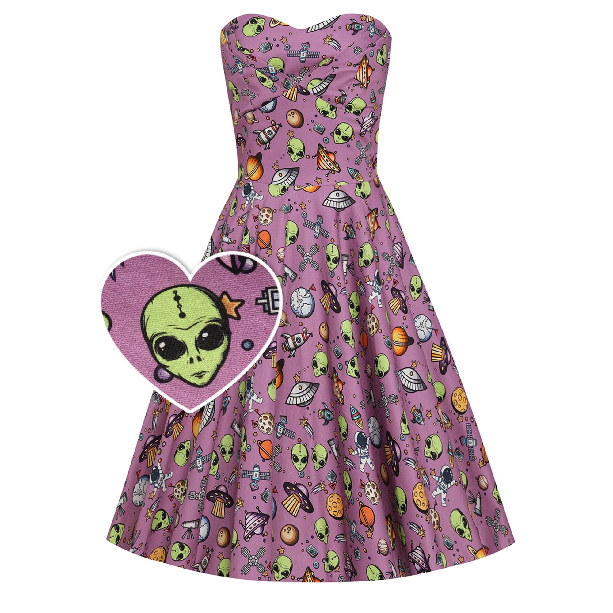 DOLLY AND DOTTY Melissa Rockabilly Strapless Party Dress in Purple Space Print